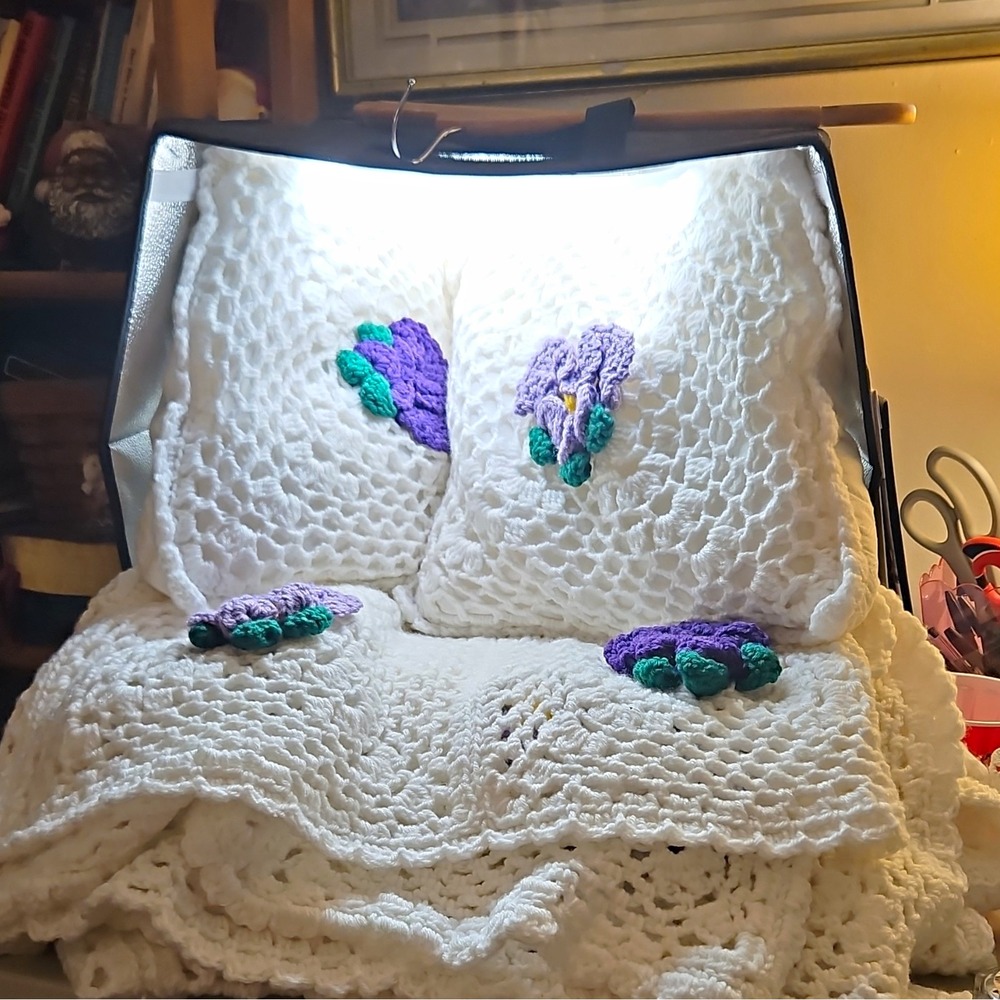Handmade White Crochet Square Throw Pillow with Purple & Green Floral Applique